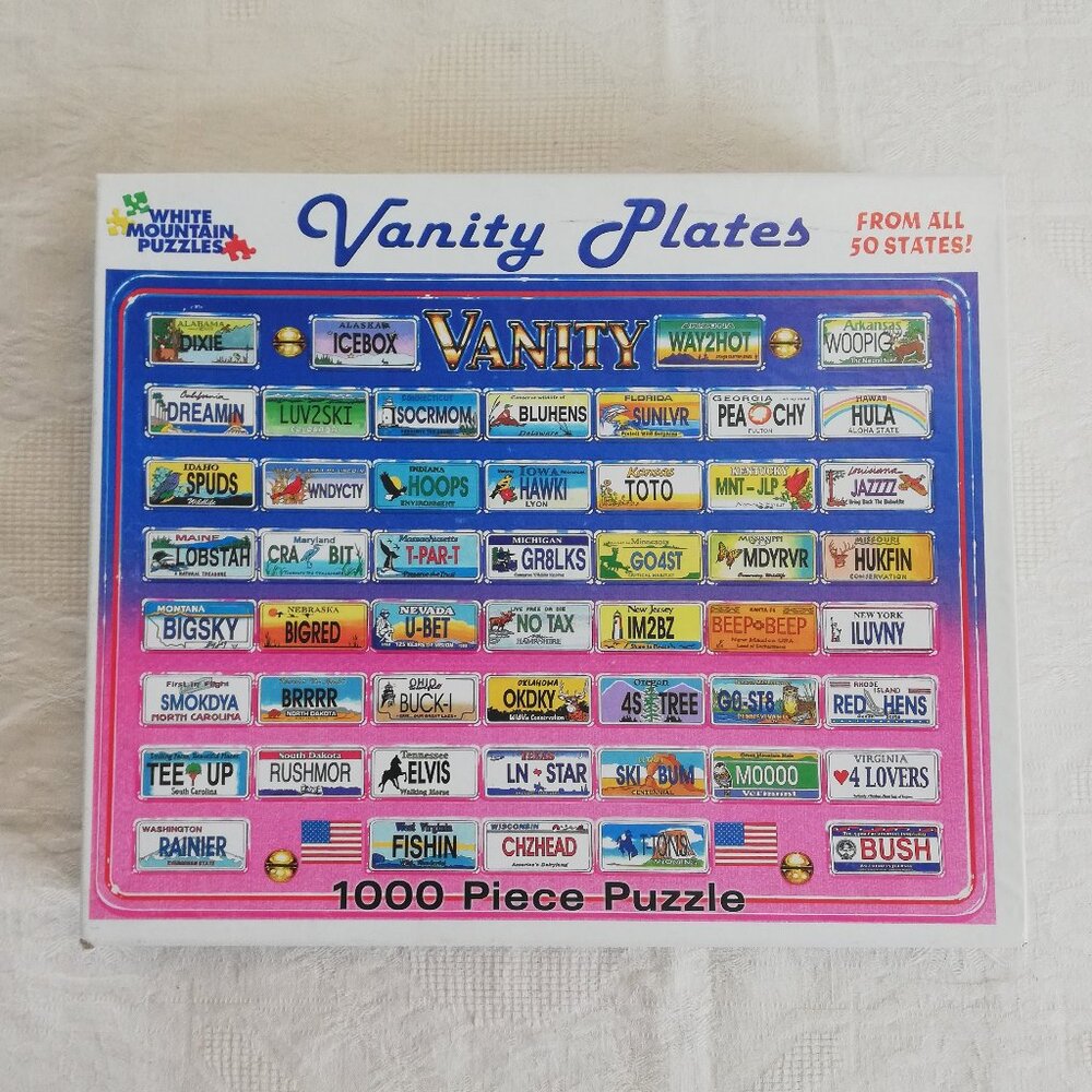 Vintage 2003 White Mountain Puzzles USA Vanity Plates 1000 Pc  24" x 30"